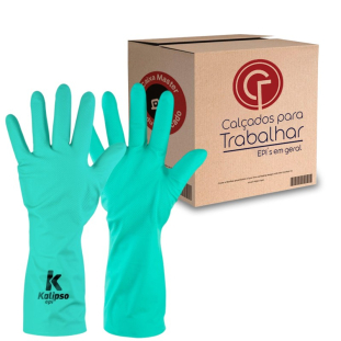 12 Pares Luva Nitrílica Verde Proteção Química Limpeza Pesada Nitríli-Ka 03 Kalipso