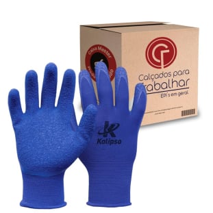 12 Pares Luva de Poliéster Blue Flex Kalipso Revestimento Látex Corrugado