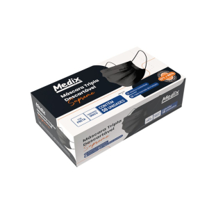 50 Máscara Tripla Descartável Preta Com Elástico Anvisa Medix