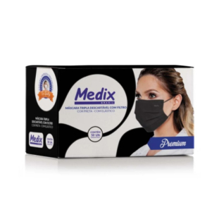 50 Máscara Tripla Descartável Preta Com Elástico Anvisa Medix