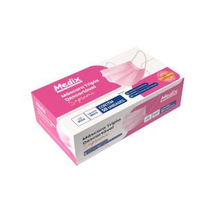 50 Máscara Tripla Descartável Rosa Com Elástico Anvisa Medix