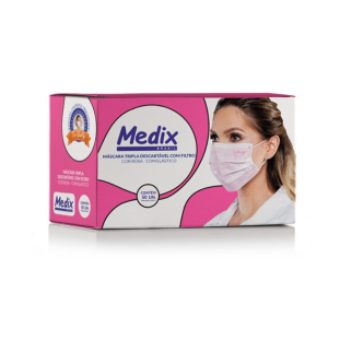 50 Máscara Tripla Descartável Rosa Com Elástico Anvisa Medix