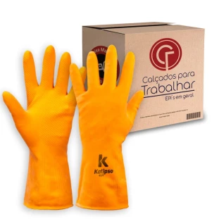 12 Pares Luva de Látex Reforçada Orange Kalipso Limpeza Geral